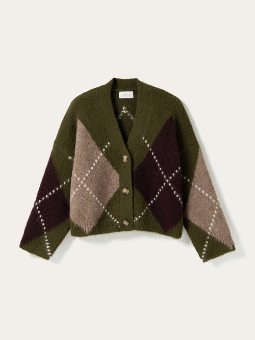 Olivengrønn strikket cardigan med argyle-mønster i burgunder og beige, sett forfra