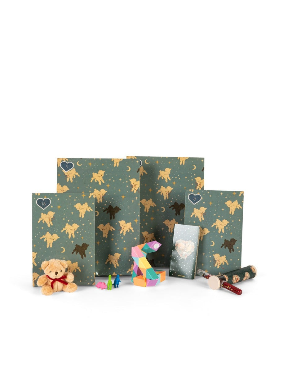 Julekalender med 24 gaver - blå, med gaver og bamse
