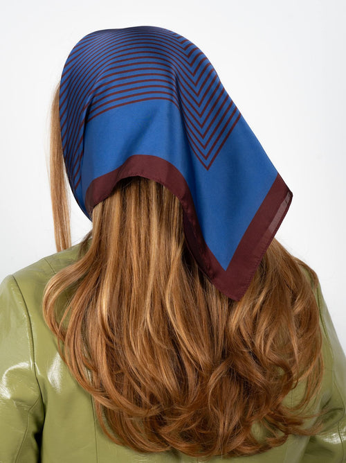 Classic patterned scarf - blue/burgundy Sui Ava, styled as headscarf
