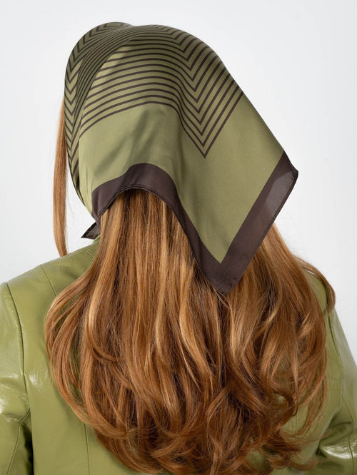 Classic patterned scarf - green/brown Sui Ava, worn as headscarf