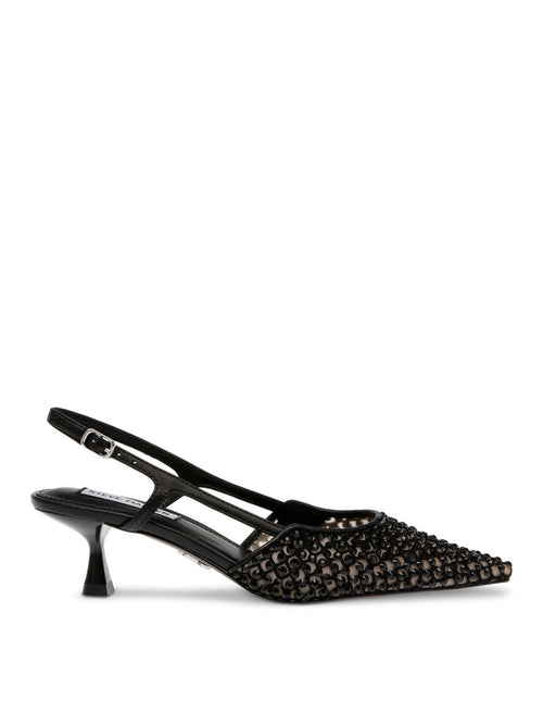 Sorte slingback pumps med sorte rhinestones og spiss tå, sett fra siden
