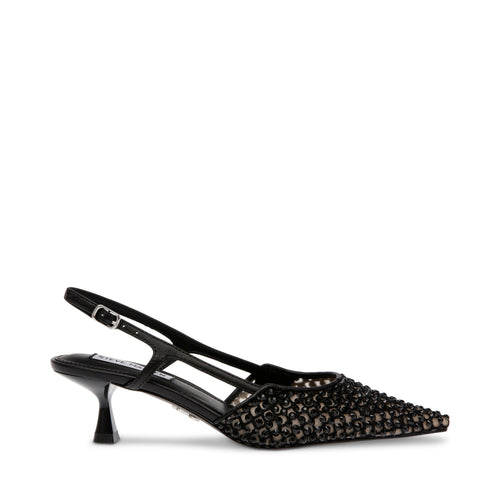 Sorte slingback pumps med sorte rhinestones og spiss tå, sett fra siden