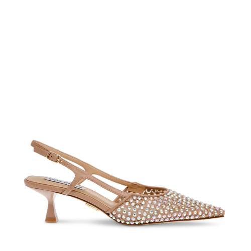 Beige slingback pumps med gjennomsiktige rhinestones og spiss tå, sett fra siden