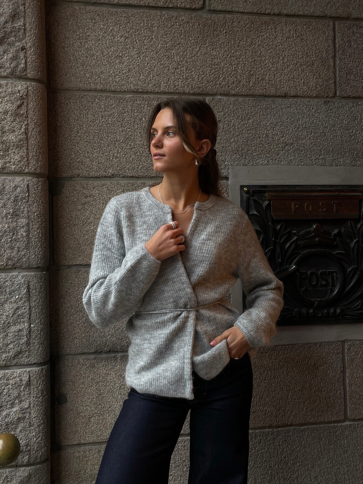 Selected Femme Sia knit belt cardigan - light grey melange