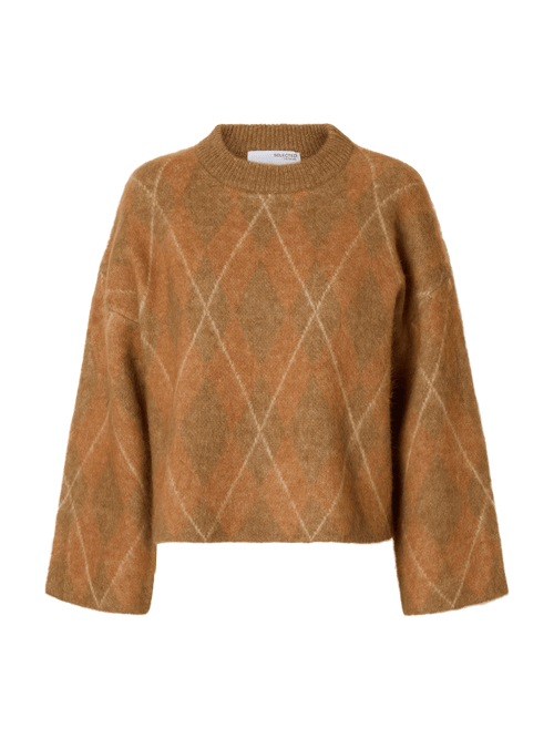 LULU BRUSHED ARGYLE KNIT GENSER - Golden Brown Selected Femme