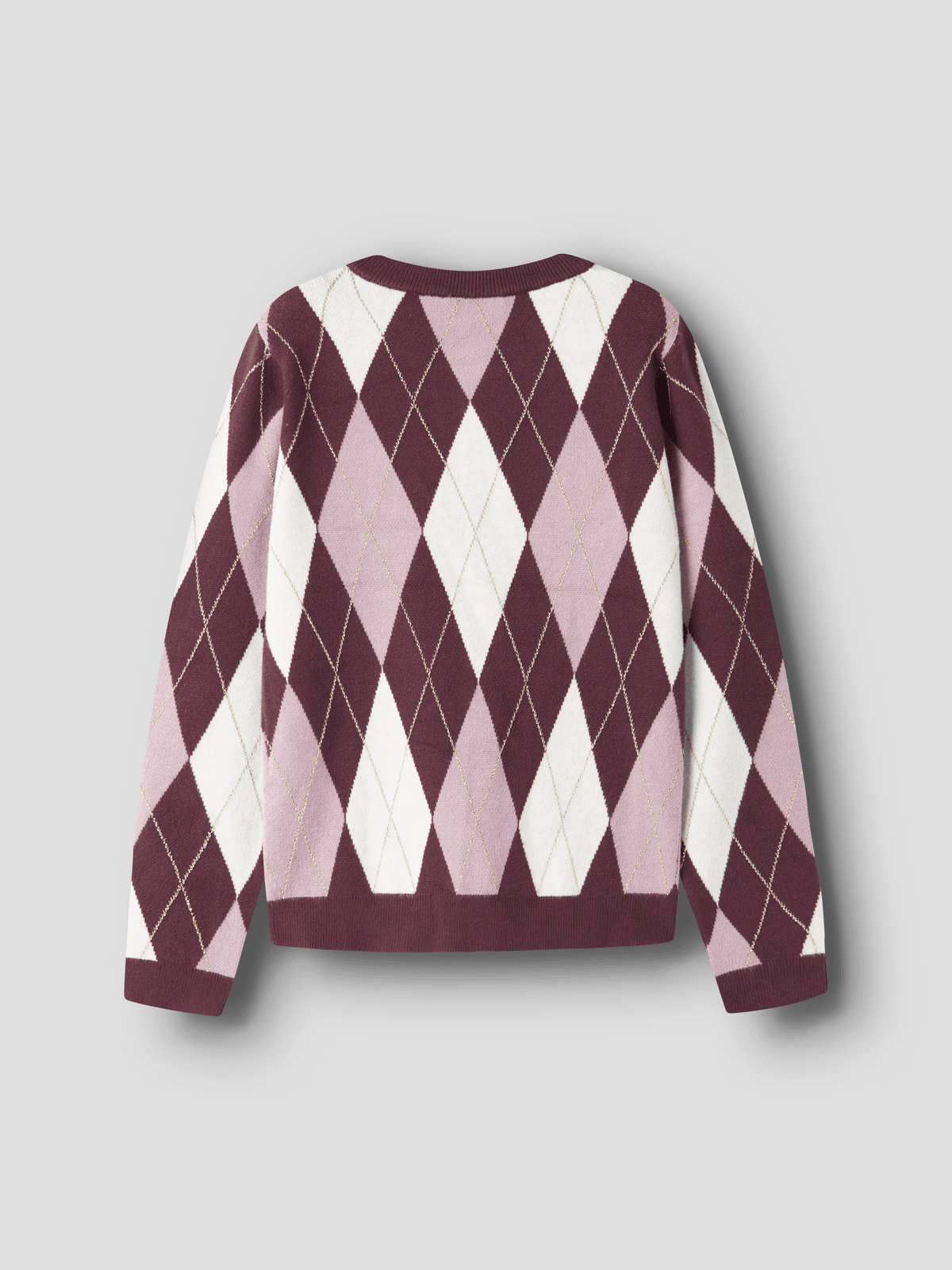 Rutemønstret cardigan i burgunder, rosa og hvitt, sett bakfra