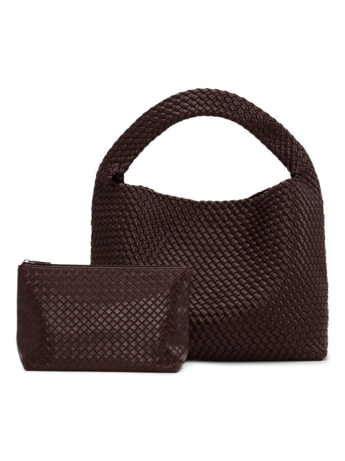 Brun vevd shopper med matchende liten pung med glidelås.