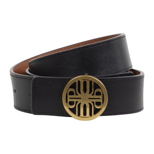 Como belt reversibelt skinnbelte i svart og brunt med gullfarget spenne