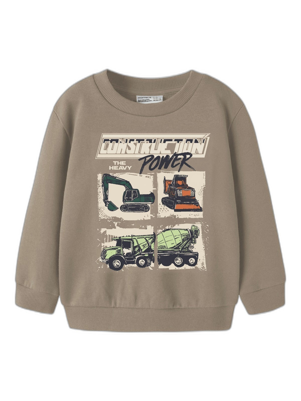 Beige sweatshirt med gravemaskin-trykk og teksten Construction Power, sett forfra