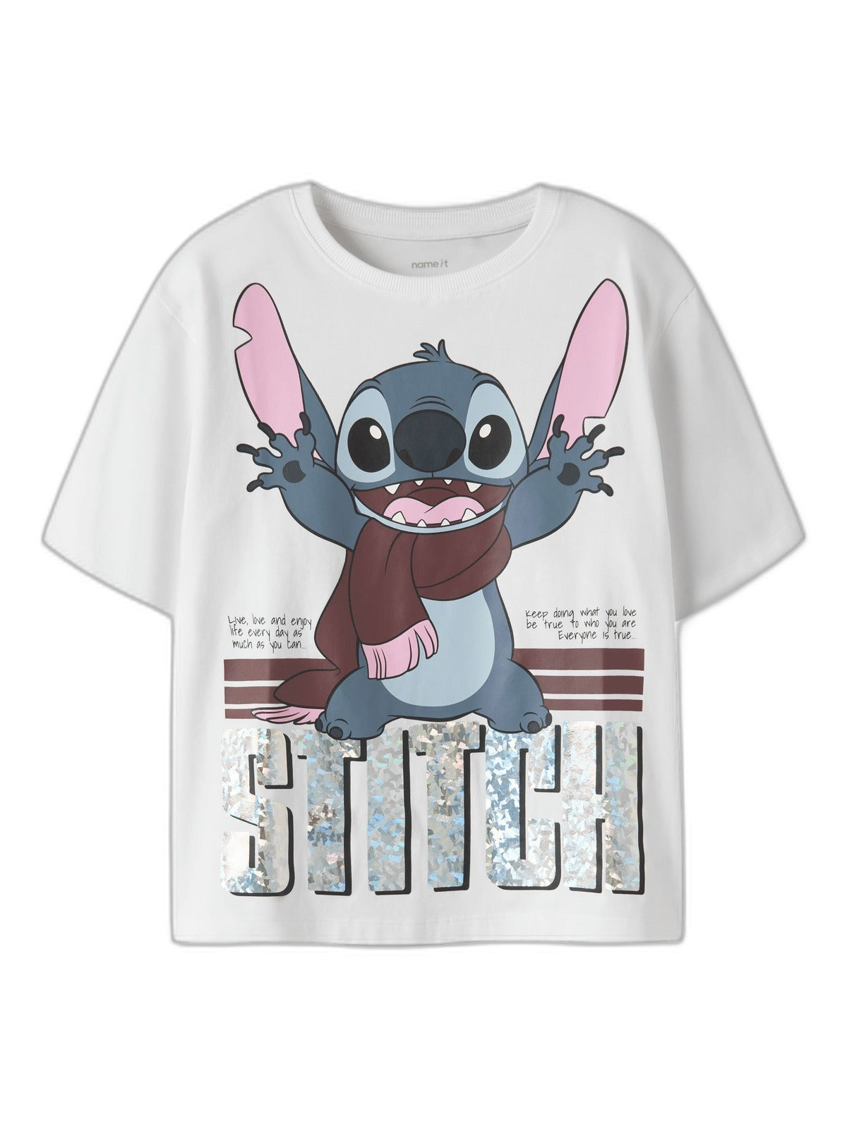 Hvit t-skjorte med Disneys Stitch og glitrende STITCH-trykk, sett forfra