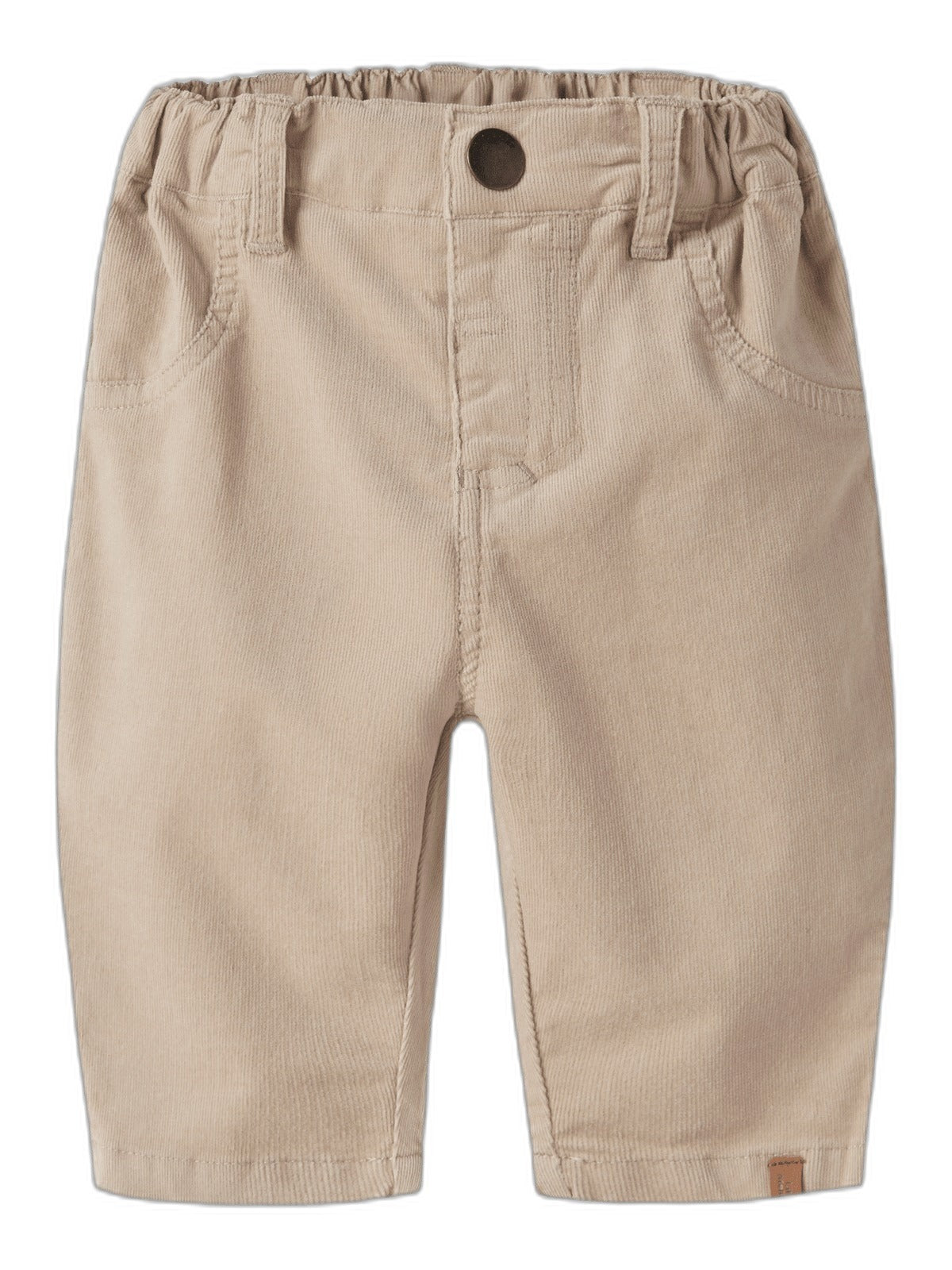 Beige kordbukse med elastisk midje og lommer, sett forfra