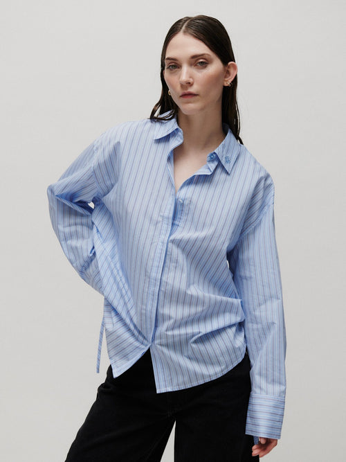 Renta fall shirting skjorte cash blue stripe - på modell forfra